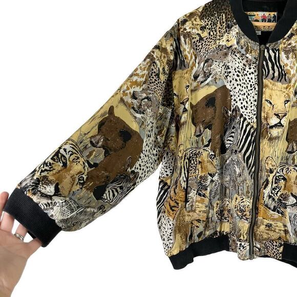 Vintage 80s Atlantic Beach 100% Silk Safari Animal Lightweight Bomber Jacket, XL - Picture 7 of 15